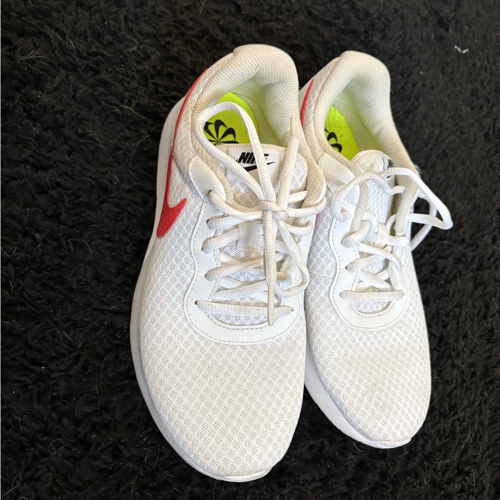 Nike White Mesh Sneakers with Red Swoosh and Neon Insole